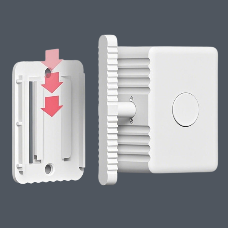 White wall-mounted electronic sensor or alarm module shown in two views on a dark gray background, with one view displaying red arrows indicating installation direction.
