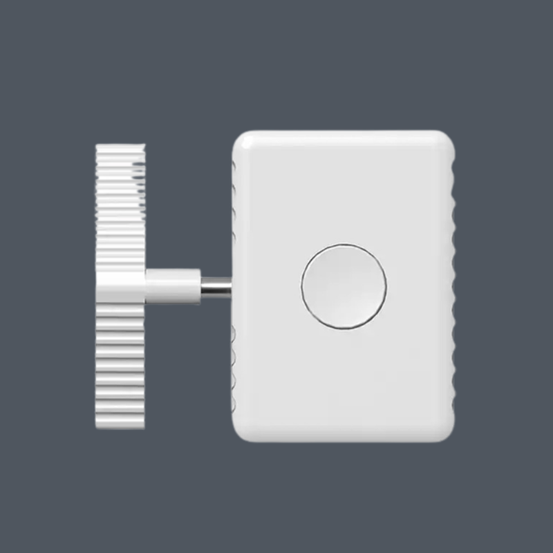 A white rectangular electronic module with a central circular button, a textured side edge, and a horizontal metal rod connected to a ribbed cylindrical component, shown on a dark gray background.