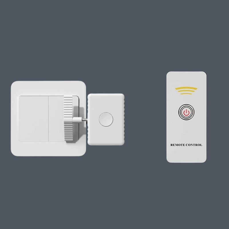 A white smart home automation kit featuring a smart switch, a wireless receiver, and a remote control with a power button icon, displayed on a solid dark gray background.