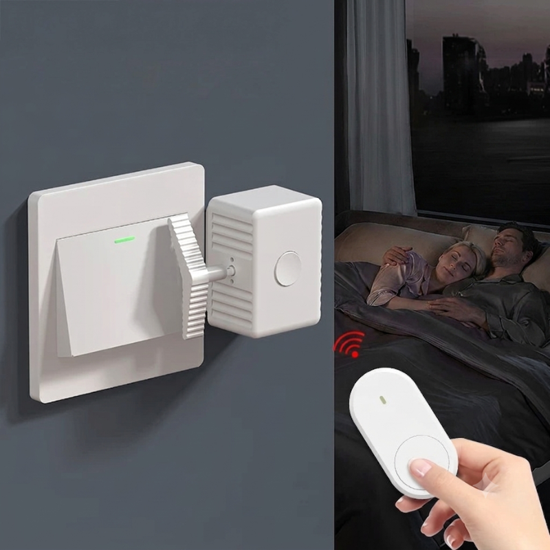 A white smart home plug-in device attached to a wall switch, with a hand holding a matching white remote in the foreground and a bedroom scene showing a couple sleeping in the background.
