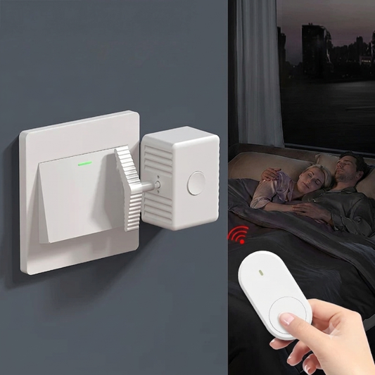A white smart home plug-in device attached to a wall switch, with a hand holding a matching white remote in the foreground and a bedroom scene showing a couple sleeping in the background.