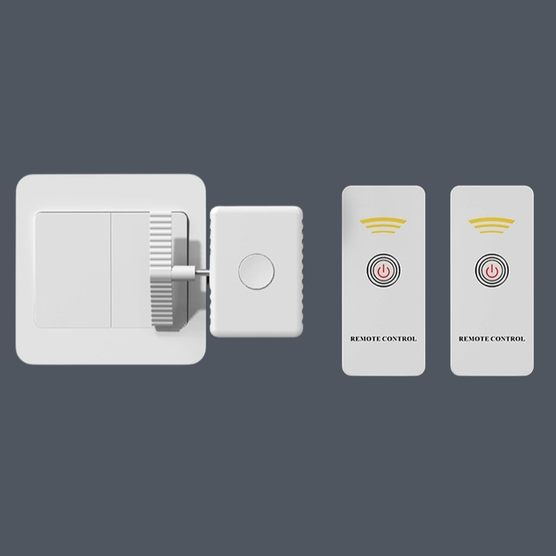 A white smart home remote control kit with a main switch plate, a central receiver, and two matching remote controls, shown against a solid dark gray background.