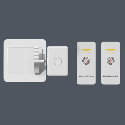 A white smart home remote control kit with a main switch plate, a central receiver, and two matching remote controls, shown against a solid dark gray background.