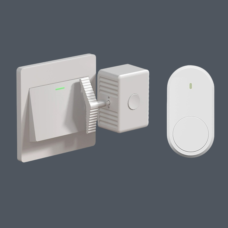 A white smart home security kit consisting of a smart switch, a motion sensor, and a wireless doorbell, shown against a solid dark gray background.