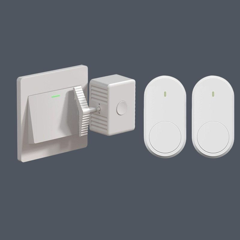 A white smart home security kit consisting of a smart wall switch, a motion sensor, and two wireless door/window contact sensors, shown on a solid dark gray background.