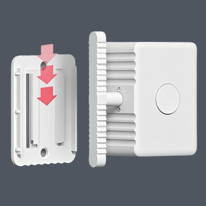White wall-mounted electronic sensor or alarm module shown in two views on a dark gray background, with one view displaying red arrows indicating installation direction.
